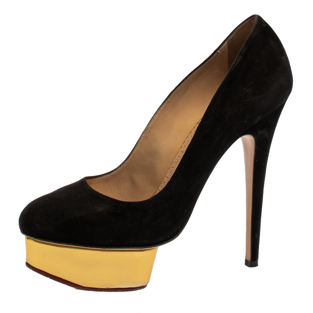 luxury-women-charlotte-olympia-used-shoes-p401661-007 Charlotte Olympia Black Suede Dolly Platform Pumps Size 38.5