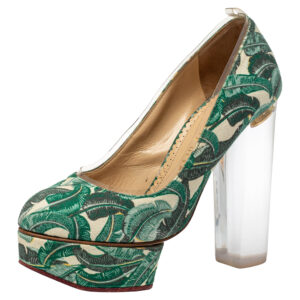 Charlotte Olympia Green Leaves Printed Canvas And PVC Mabel Platform Pumps Size 35