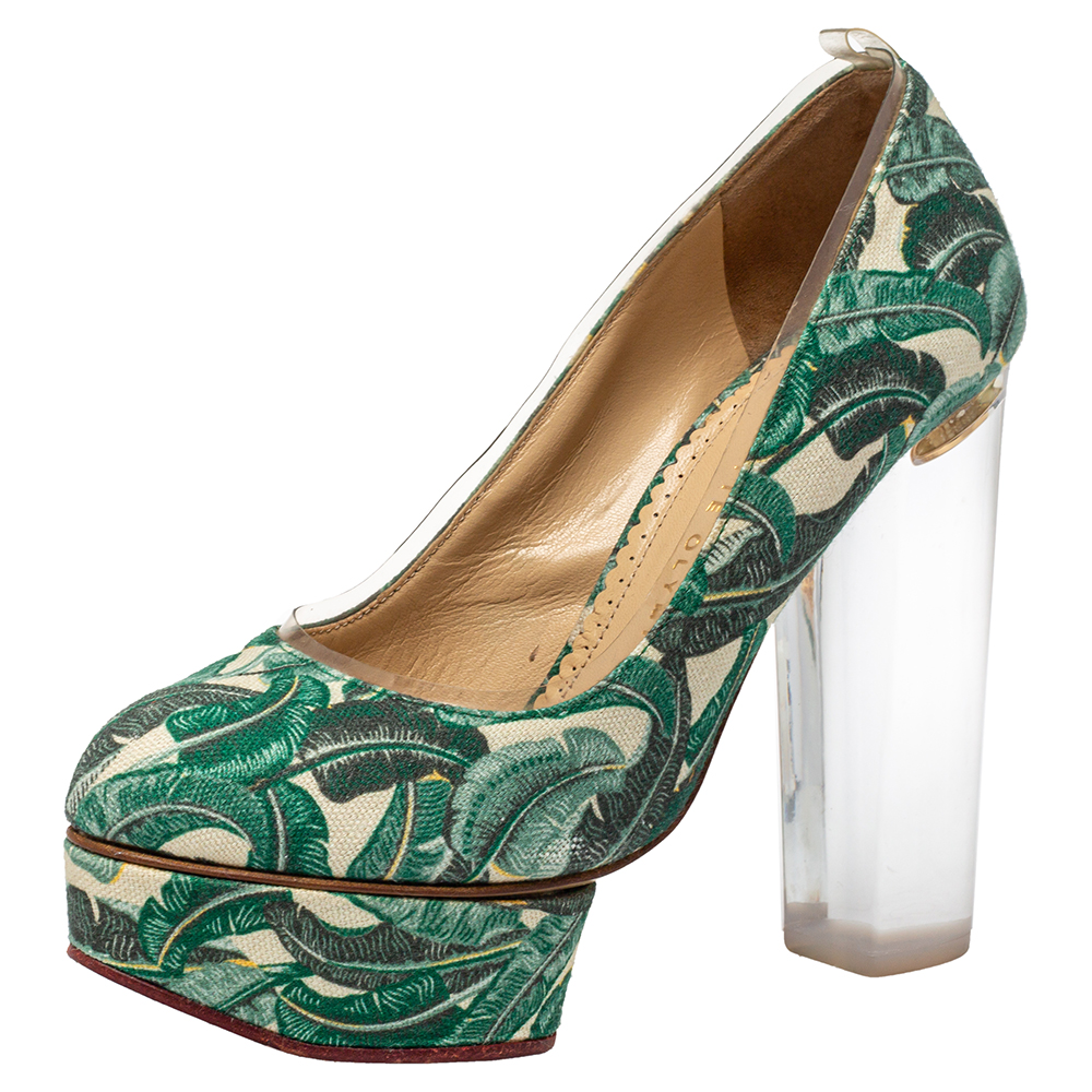 luxury-women-charlotte-olympia-used-shoes-p413888-003 Charlotte Olympia Green Leaves Printed Canvas And PVC Mabel Platform Pumps Size 35