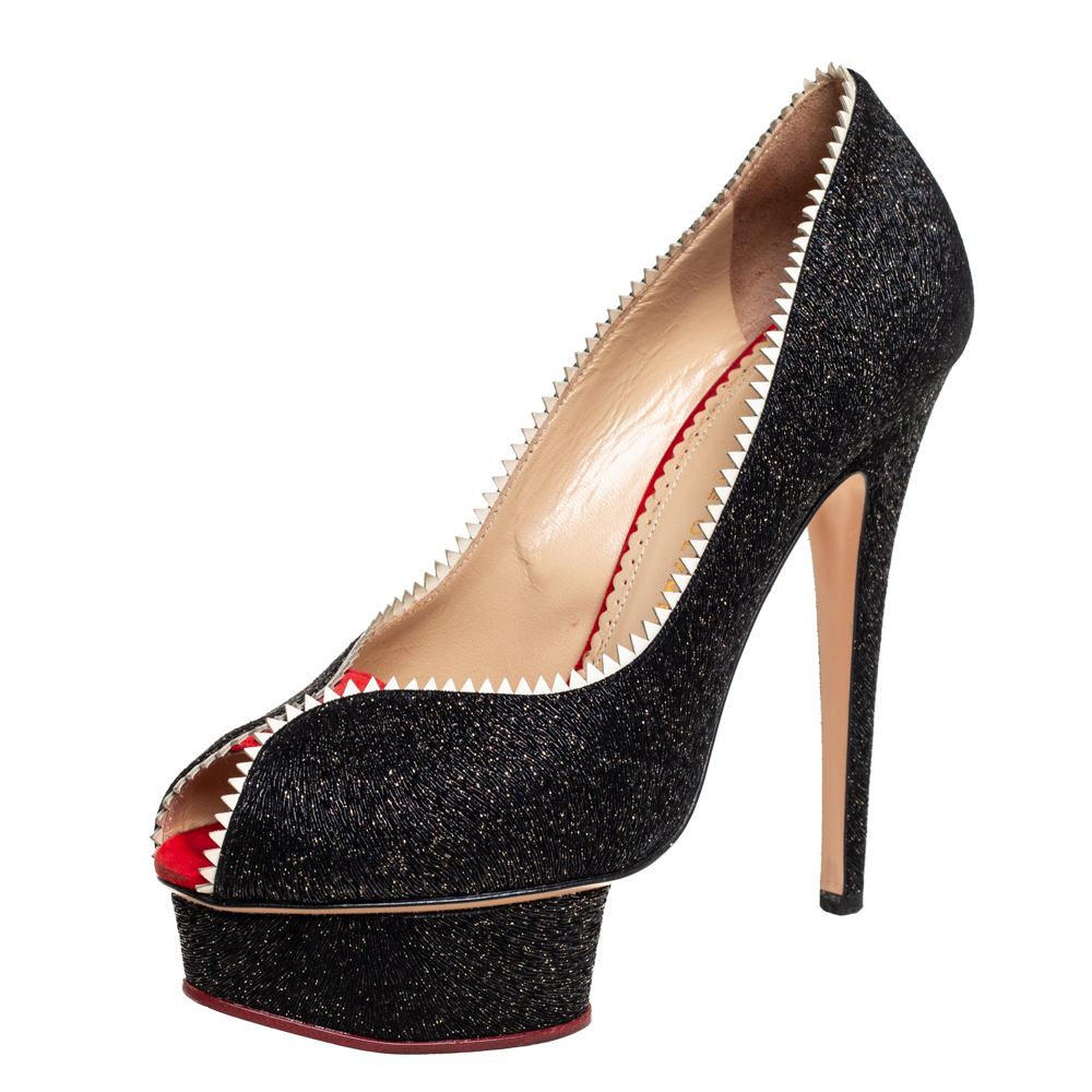 luxury-women-charlotte-olympia-used-shoes-p429262-005 Charlotte Olympia Black Glitter And Patent Leather Scalloped Trim Peep Toe Platform Pumps Size 37.5