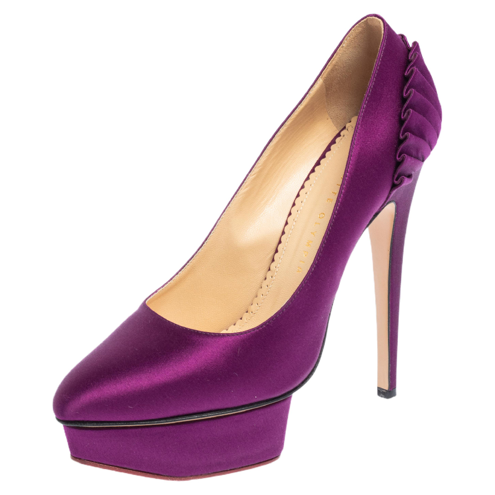 luxury-women-charlotte-olympia-used-shoes-p455778-008 Charlotte Olympia Purple Satin Paloma Fan Pleat Platform Pumps Size 38.5