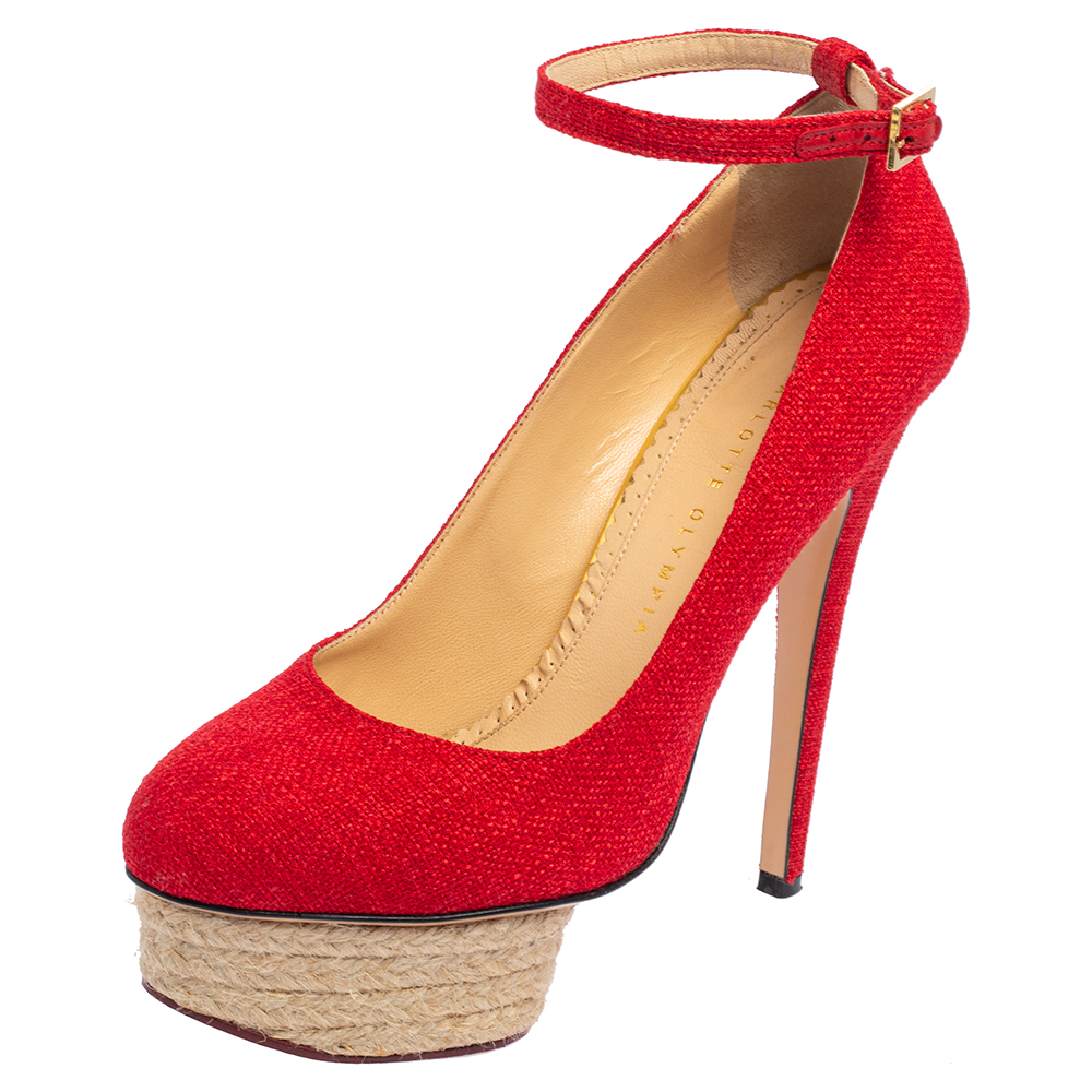 luxury-women-charlotte-olympia-used-shoes-p489123-004 Charlotte Olympia Red Canvas Dolores Ankle Strap Platform Pumps Size 38