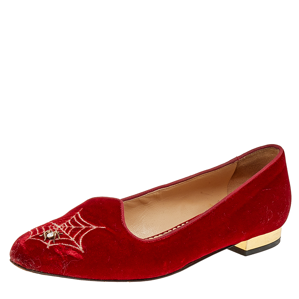 luxury-women-charlotte-olympia-used-shoes-p507977-003-2 Charlotte Olympia Red Velvet Embroidered Ballet Flats Size 37