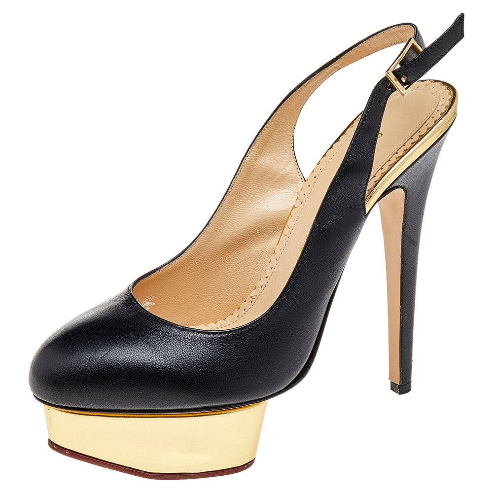luxury-women-charlotte-olympia-used-shoes-p511169-006-2 Charlotte Olympia Black Leather Dolly Platform Slingback Pumps Size 38.5