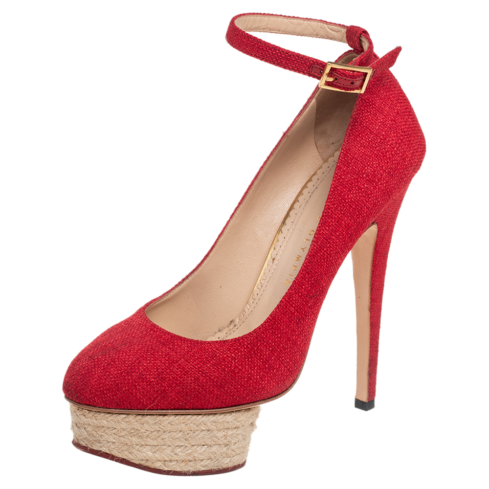 luxury-women-charlotte-olympia-used-shoes-p514369-005-2 Charlotte Olympia Red Canvas Dolly Platform Pumps Size 38
