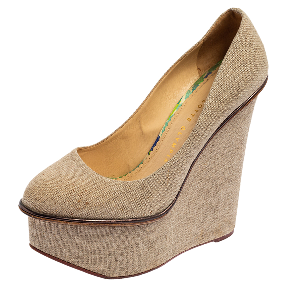 luxury-women-charlotte-olympia-used-shoes-p535804-007-1 Charlotte Olympia Dark Beige Canvas Carmen Wedge Pumps Size 38