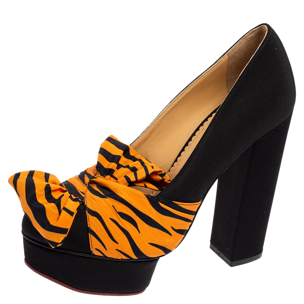 luxury-women-charlotte-olympia-used-shoes-p535817-008 Charlotte Olympia Black/Orange Zebra Print Satin Dolly Bow Pumps Size 37.5
