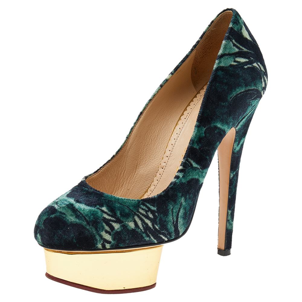 luxury-women-charlotte-olympia-used-shoes-p549955-002 Charlotte Olympia Green Printed Velvet Dolly Platform Pumps Size 36