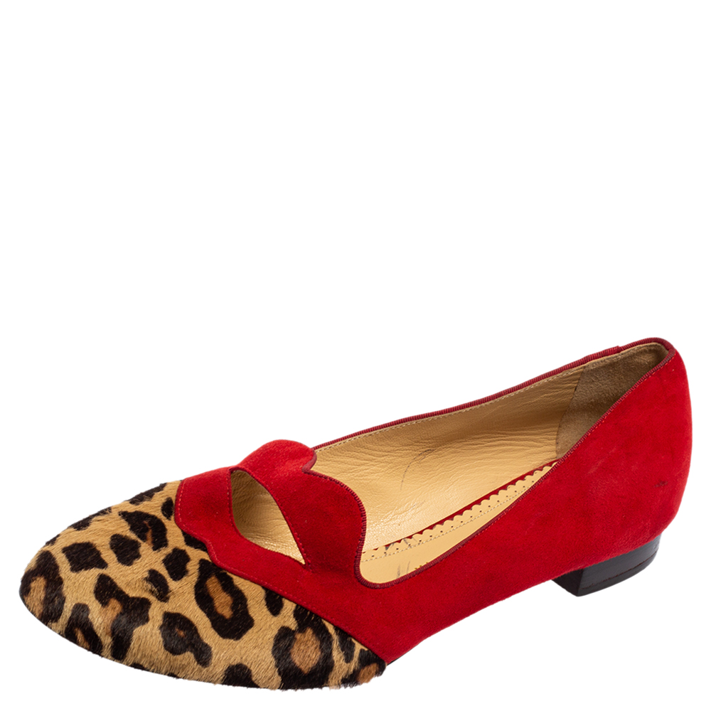 luxury-women-charlotte-olympia-used-shoes-p555117-001-2 Charlotte Olympia Red/Brown Leopard Print Calfhair and Suede Bisoux Lip Ballet Flats Size 41