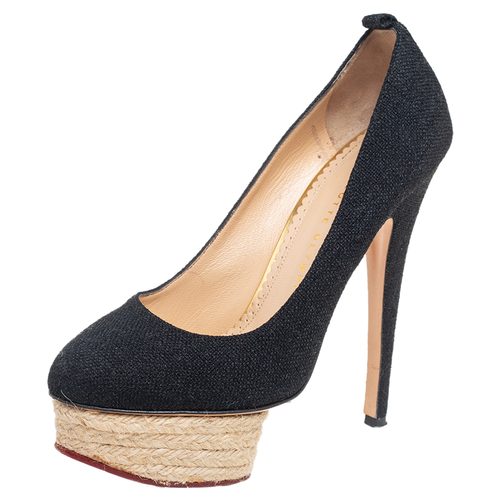 luxury-women-charlotte-olympia-used-shoes-p558626-003-2 Charlotte Olympia Black Canvas Dolores Espadrille Platform Ankle-Strap Pumps Size 37