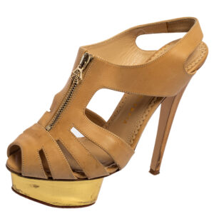 Charlotte Olympia Beige Leather Cut-Out Zipper Detail Platform Sandals Size 36.5