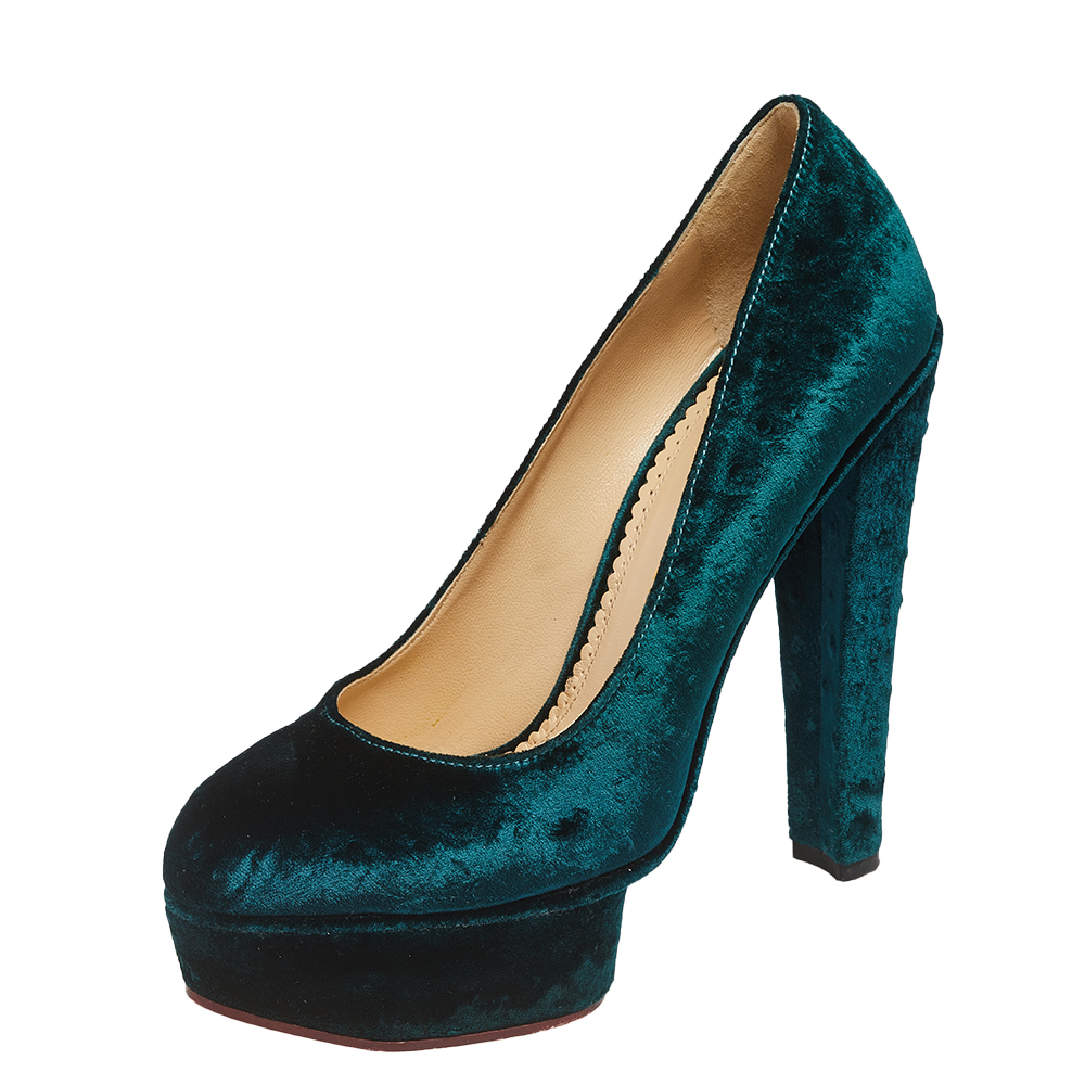 luxury-women-charlotte-olympia-used-shoes-p564365-006-1 Charlotte Olympia Green Textured Velvet Dolly Platform Pumps Size 39