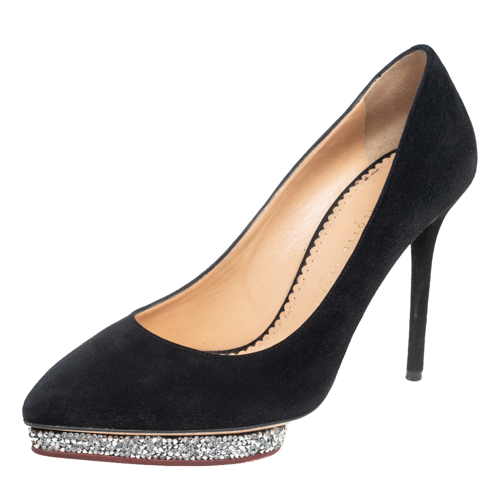 luxury-women-charlotte-olympia-used-shoes-p565515-003-1 Charlotte Olympia Black Suede Debonaire Pointed Toe Platform Pumps Size 38