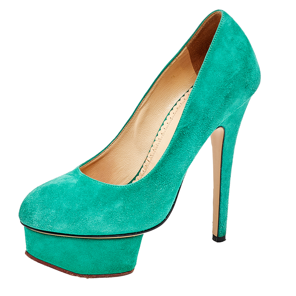 luxury-women-charlotte-olympia-used-shoes-p578999-001-2 Charlotte Olympia Green Suede Dolly Platform Pumps Size 35