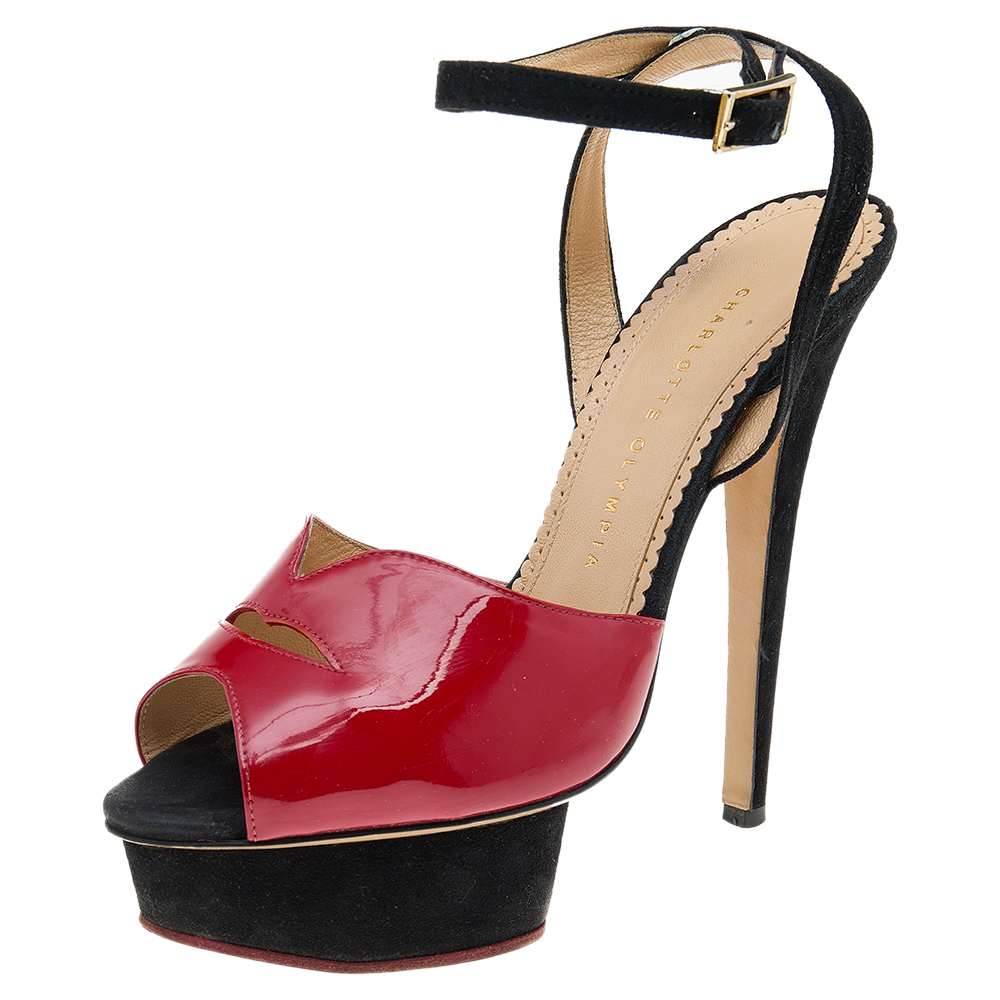 luxury-women-charlotte-olympia-used-shoes-p596970-007-2 Charlotte Olympia Red Suede And Patent Leather Platform Sandals Size 39.5