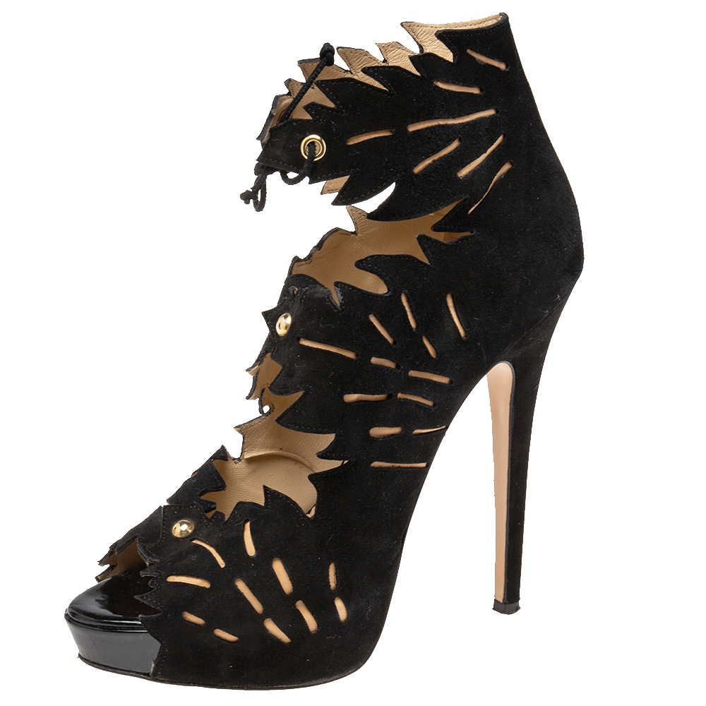 luxury-women-charlotte-olympia-used-shoes-p602035-015-2 Charlotte Olympia Black Suede Eve Leaf Cutout Ankle Booties Size 39