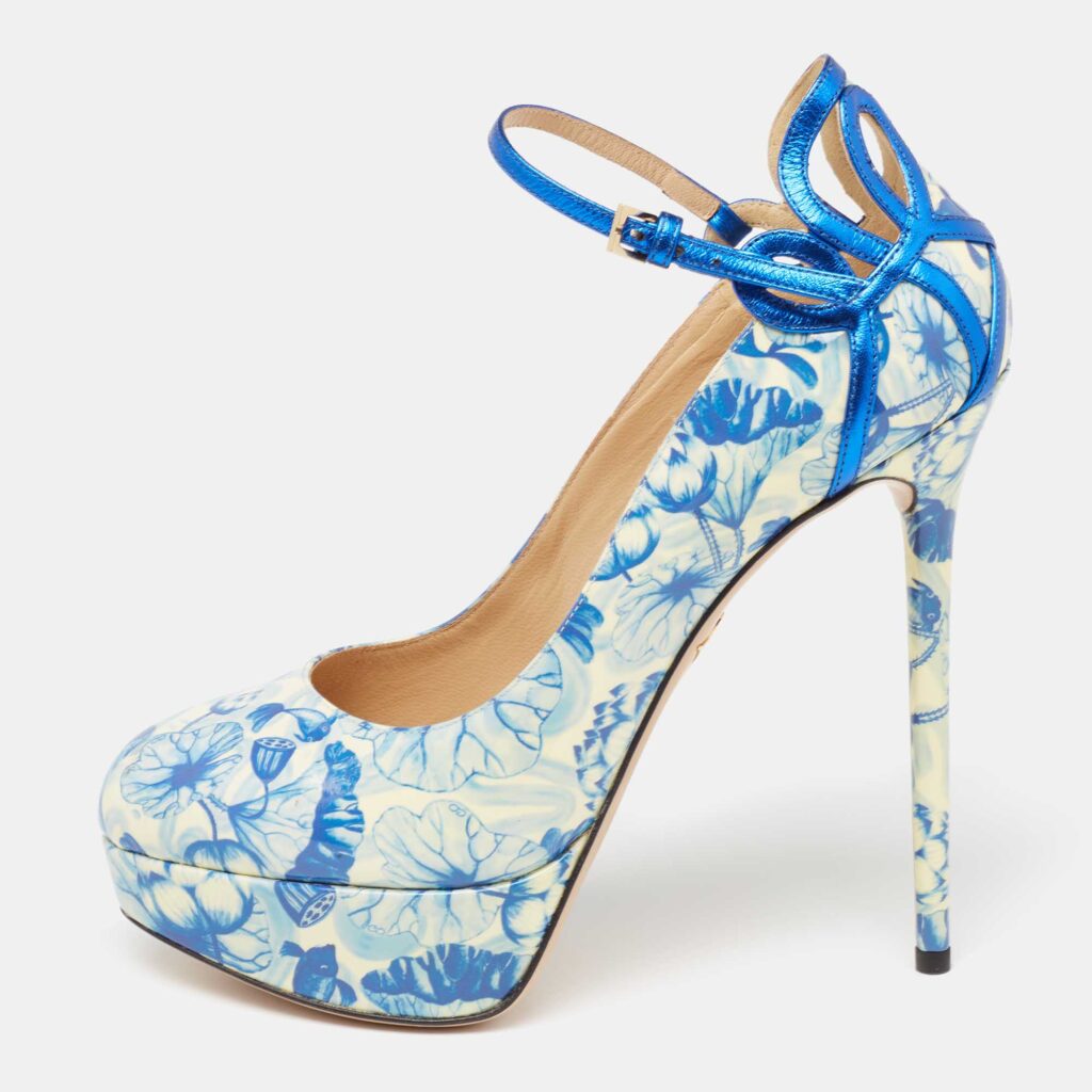 luxury-women-charlotte-olympia-used-shoes-p631930-003-1 Charlotte Olympia Blue/White Ming Koi Carp Print Patent Leather Ankle Strap Pumps 39