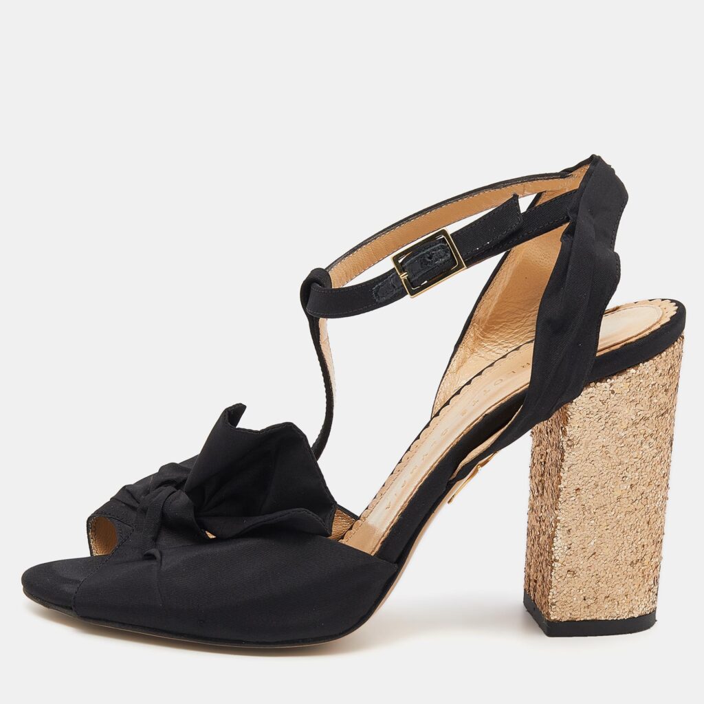 luxury-women-charlotte-olympia-used-shoes-p640589-003-2 Charlotte Olympia Black Fabric Glitter Block Heel T Strap Sandals Size 37