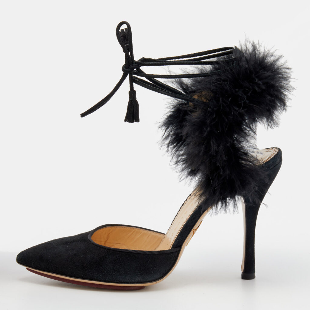 luxury-women-charlotte-olympia-used-shoes-p649676-001-2 Charlotte Olympia Black Ostrich Feather and Suede Sandals Size 36