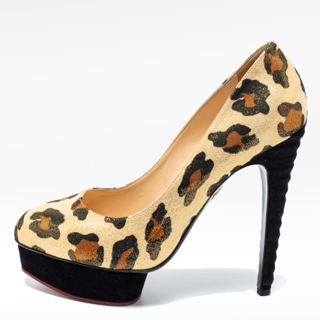 luxury-women-charlotte-olympia-used-shoes-p657592-001 Charlotte Olympia Gold Leopard Print Glitter Suede Dolly Pumps Size 39