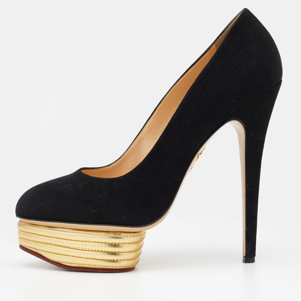 luxury-women-charlotte-olympia-used-shoes-p663013-002-1 Charlotte Olympia Black Suede Dolly Platform Pumps Size 41