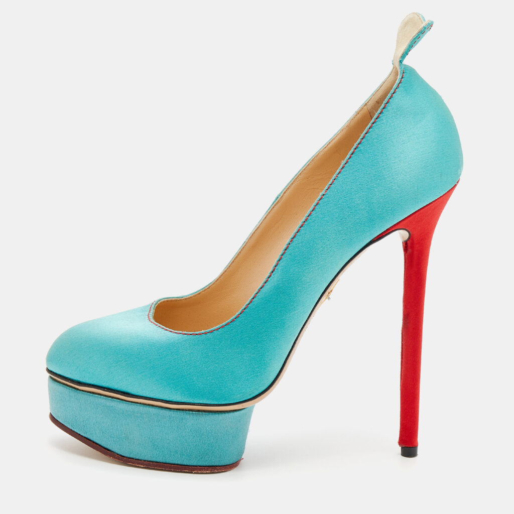 luxury-women-charlotte-olympia-used-shoes-p665401-003-1 Charlotte Olympia Turquoise/Red Satin Josephine Platform Pumps Size 38