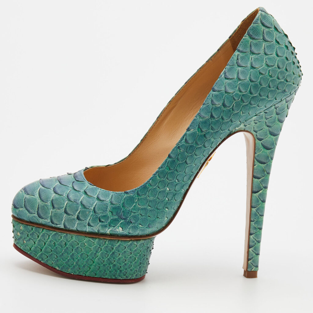 luxury-women-charlotte-olympia-used-shoes-p684705-002-1 Charlotte Olympia Turquoise Blue Python Leather Priscilla Platform Pumps Size 38