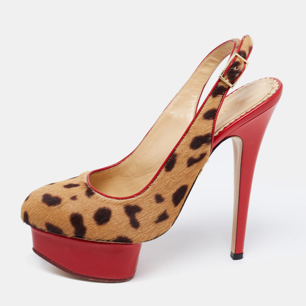luxury-women-charlotte-olympia-used-shoes-p697911-001-1 Charlotte Olympia Red/Brown Leopard Calf Hair And Leather Dolly Slingback Pumps Size 36.5