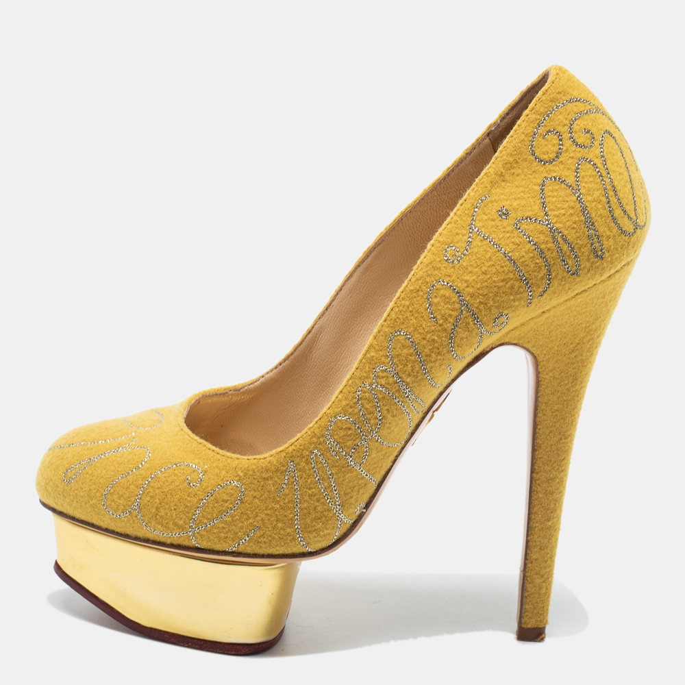 luxury-women-charlotte-olympia-used-shoes-p714778-001 Charlotte Olympia Mustard Yellow Cotton Embroidered Felt Dolly Platform Pumps Size 36