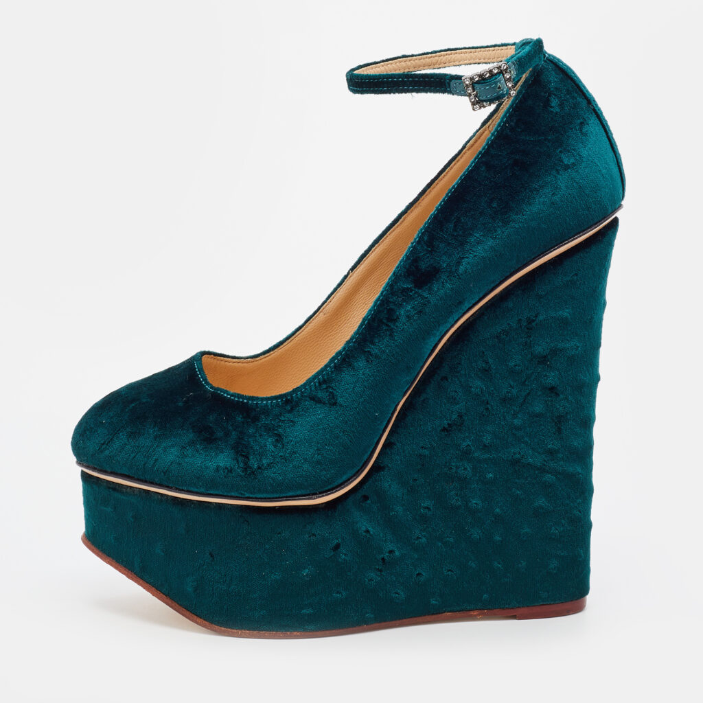 luxury-women-charlotte-olympia-used-shoes-p716716-009 Charlotte Olympia Teal Green Ostrich Effect Velvet Wedge Platform Ankle Strap Pumps Size 37.5