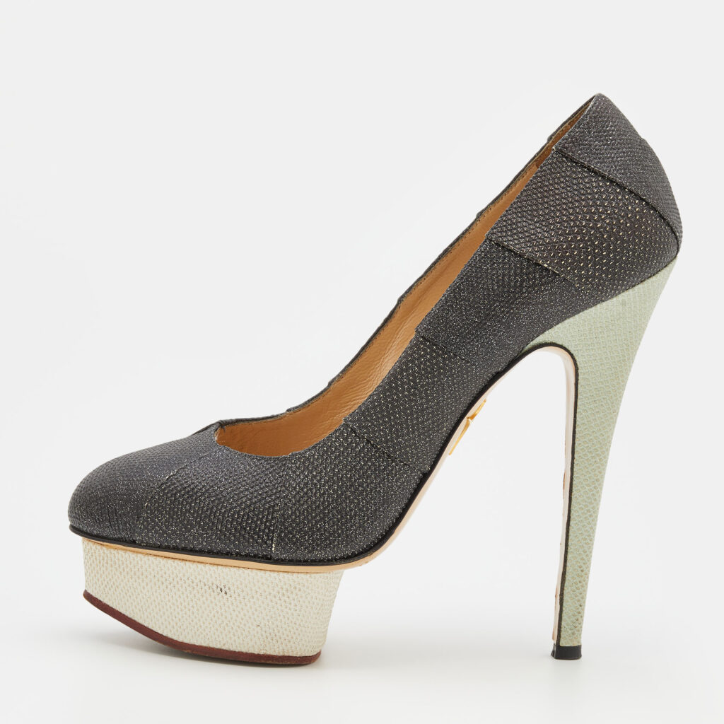 luxury-women-charlotte-olympia-used-shoes-p717751-002 Charlotte Olympia Metallic Black Lizard Embossed Leather Platform Pumps Size 38