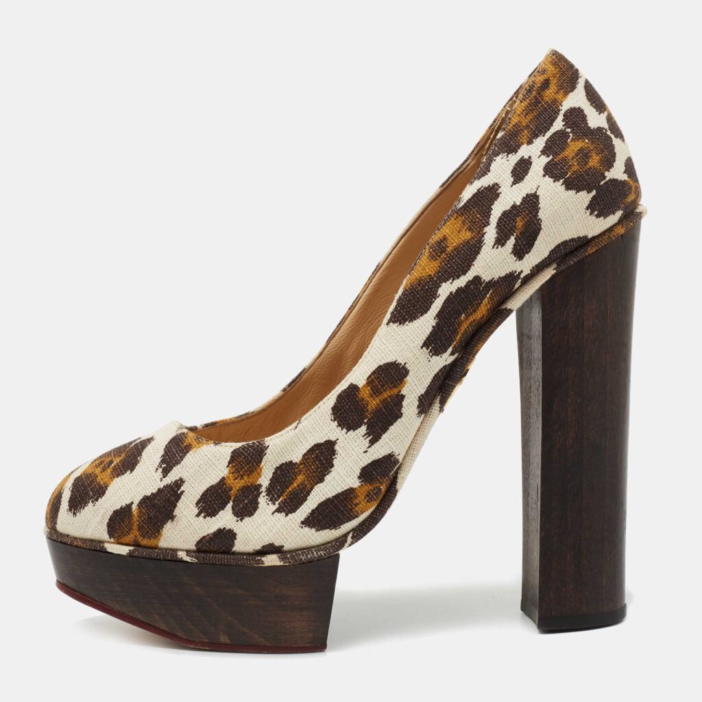 luxury-women-charlotte-olympia-used-shoes-p720934-003 Charlotte Olympia Brown Canvas Leopard Print Platform Pumps Size 40