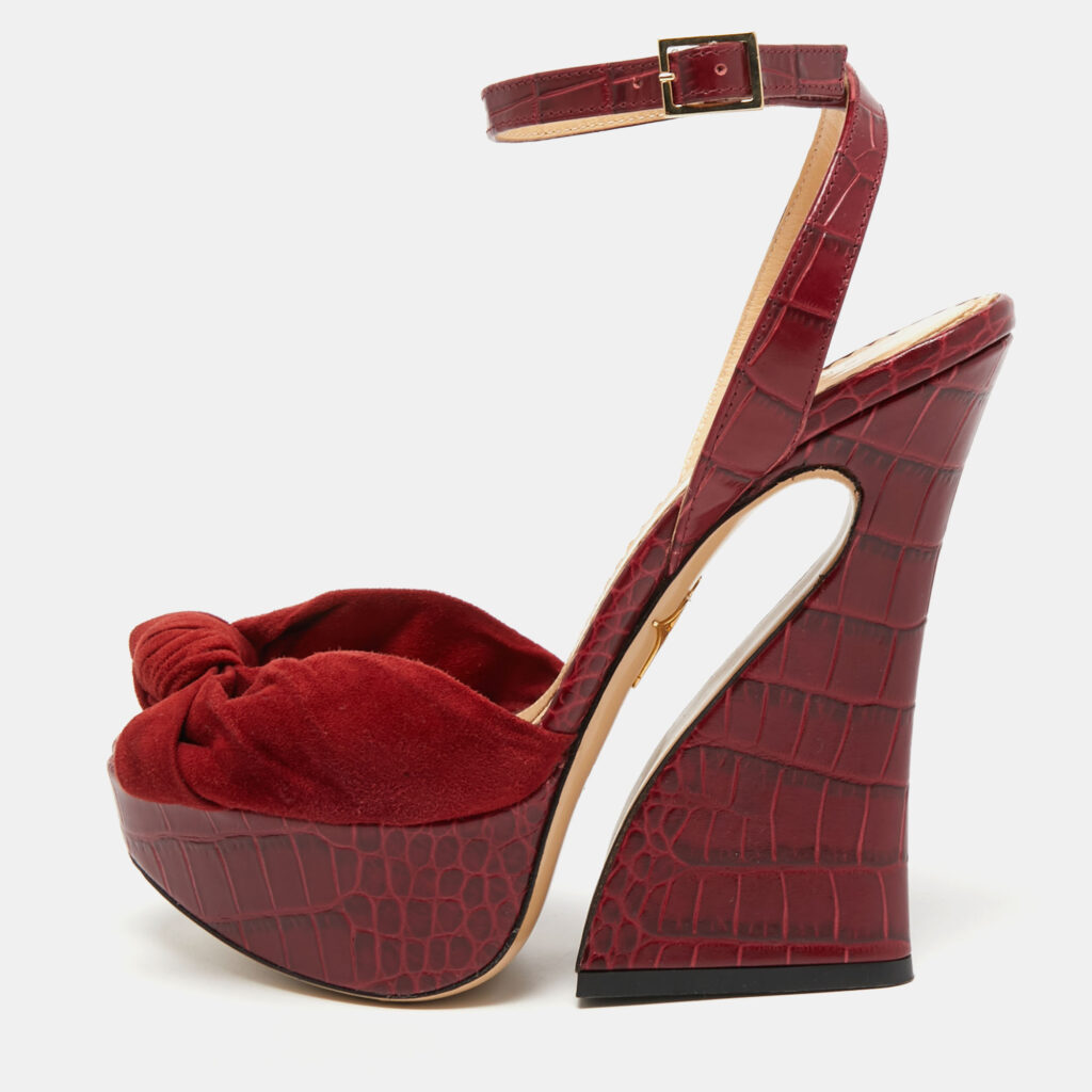luxury-women-charlotte-olympia-used-shoes-p762249-010 Charlotte Olympia Burgundy Croc Embossed Leather and Suede Ankle Strap Sandals Size 36