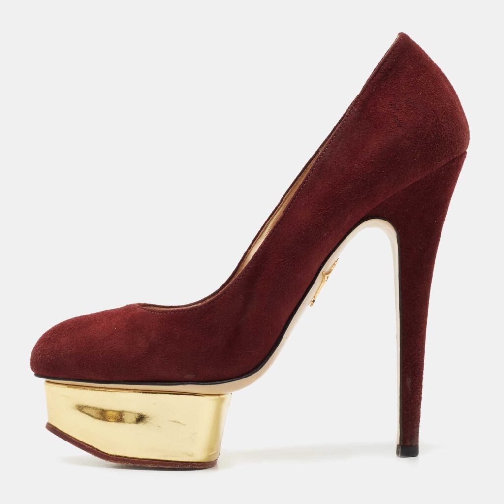 luxury-women-charlotte-olympia-used-shoes-p784376-003 Charlotte Olympia Burgundy Suede Dolly Platform Pumps Size 36.5