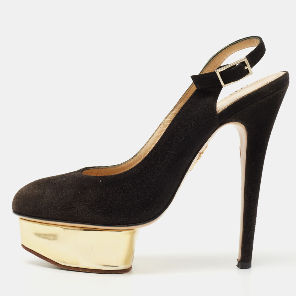 luxury-women-charlotte-olympia-used-shoes-p786966-010 Charlotte Olympia Black Suede Dolly Platform Slingback Pumps Size 37.5