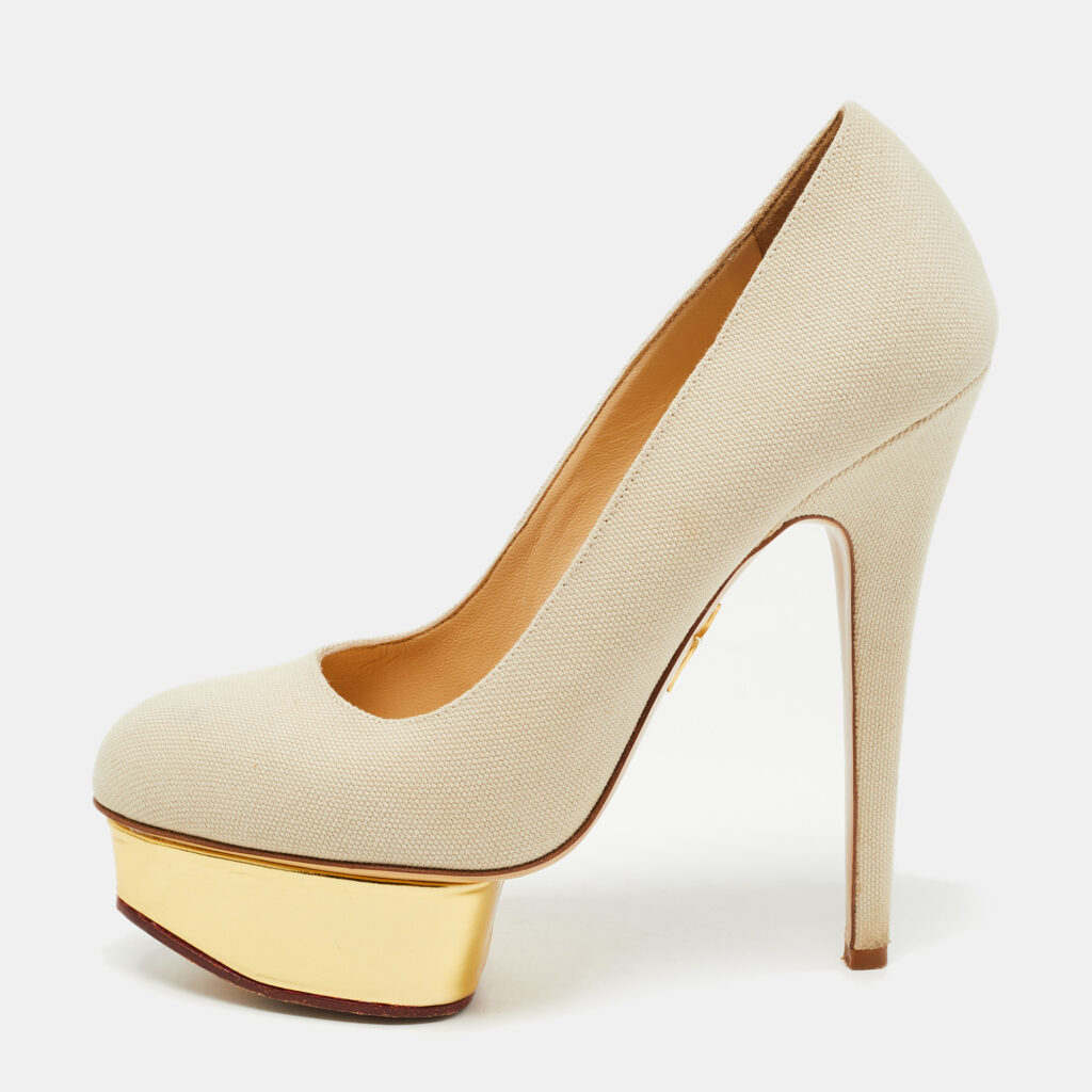 luxury-women-charlotte-olympia-used-shoes-p796976-003 Charlotte Olympia Grey Canvas Dolly Platform Pumps Size 38
