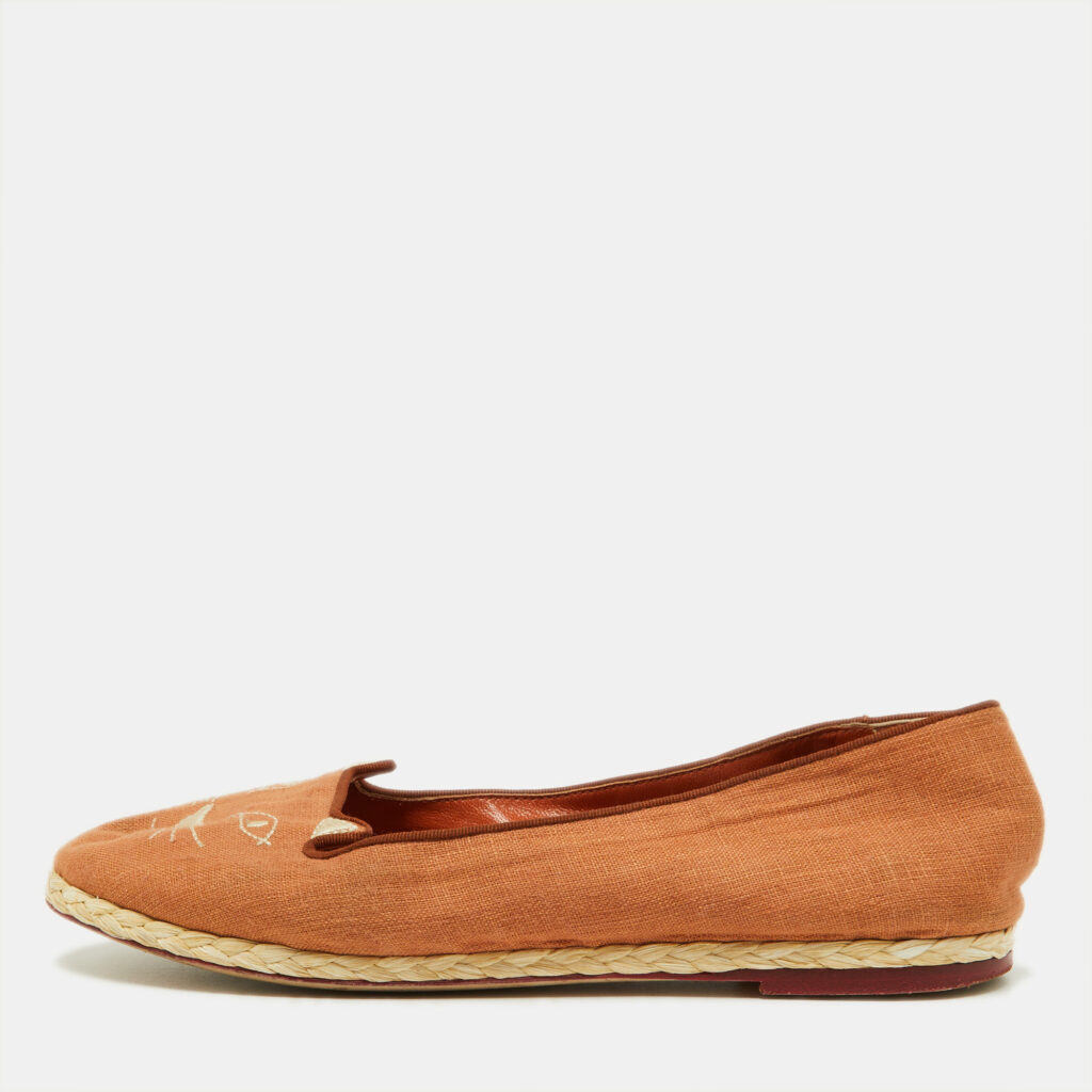 luxury-women-charlotte-olympia-used-shoes-p885283-001 Charlotte Olympia Brown Canvas Espadrilles Flats Size 37