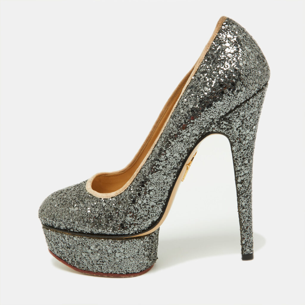 luxury-women-charlotte-olympia-used-shoes-p893302-001 Charlotte Olympia Metallic Grey Coarse Glitter Dolly Pumps Size 37