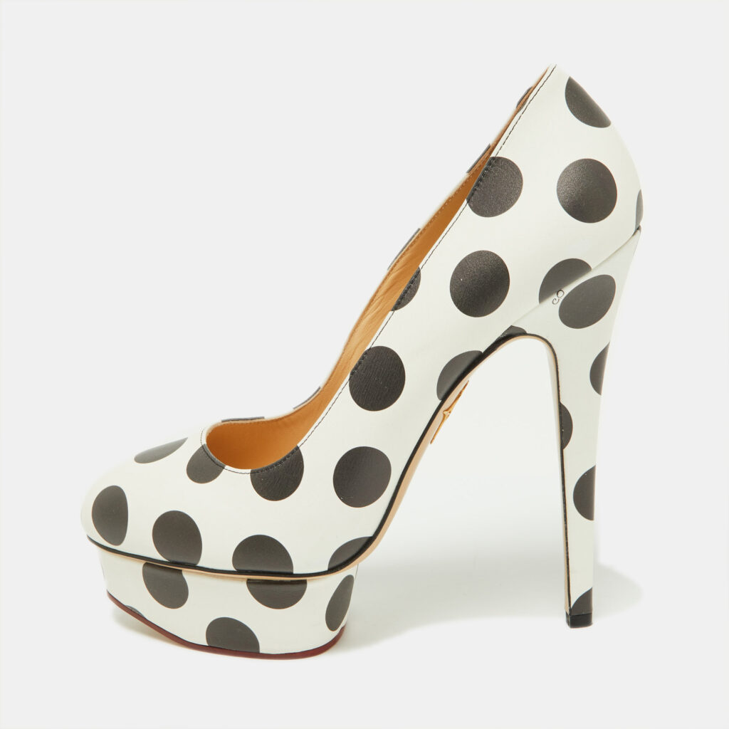 luxury-women-charlotte-olympia-used-shoes-p897302-001 Charlotte Olympia White/Black Polka Dot Print Leather Dolly Platform Pumps Size 40