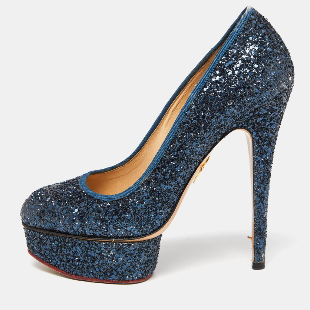 luxury-women-charlotte-olympia-used-shoes-p908861-001 Charlotte Olympia Blue Glitter and Fabric Priscilla Platform Pumps Size 38