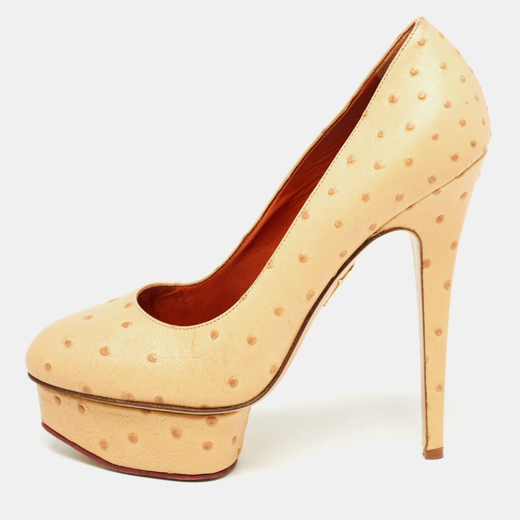 luxury-women-charlotte-olympia-used-shoes-p930813-010 Charlotte Olympia Beige Ostrich Leather Dolly Platform Pumps Size 40