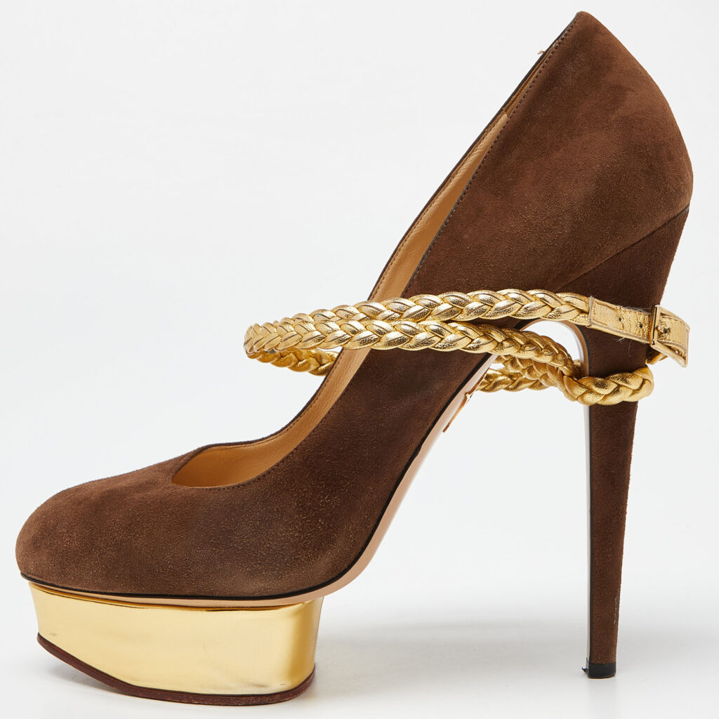 luxury-women-charlotte-olympia-used-shoes-p932831-012 Charlotte Olympia Brown/Gold Suede Dolly Platform Pumps Size 42