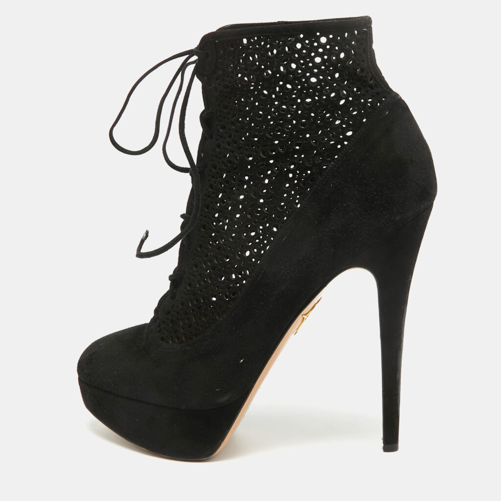 luxury-women-charlotte-olympia-used-shoes-p963981-003 Charlotte Olympia Black Suede Lasercut Accents Ankle Boots Size 41