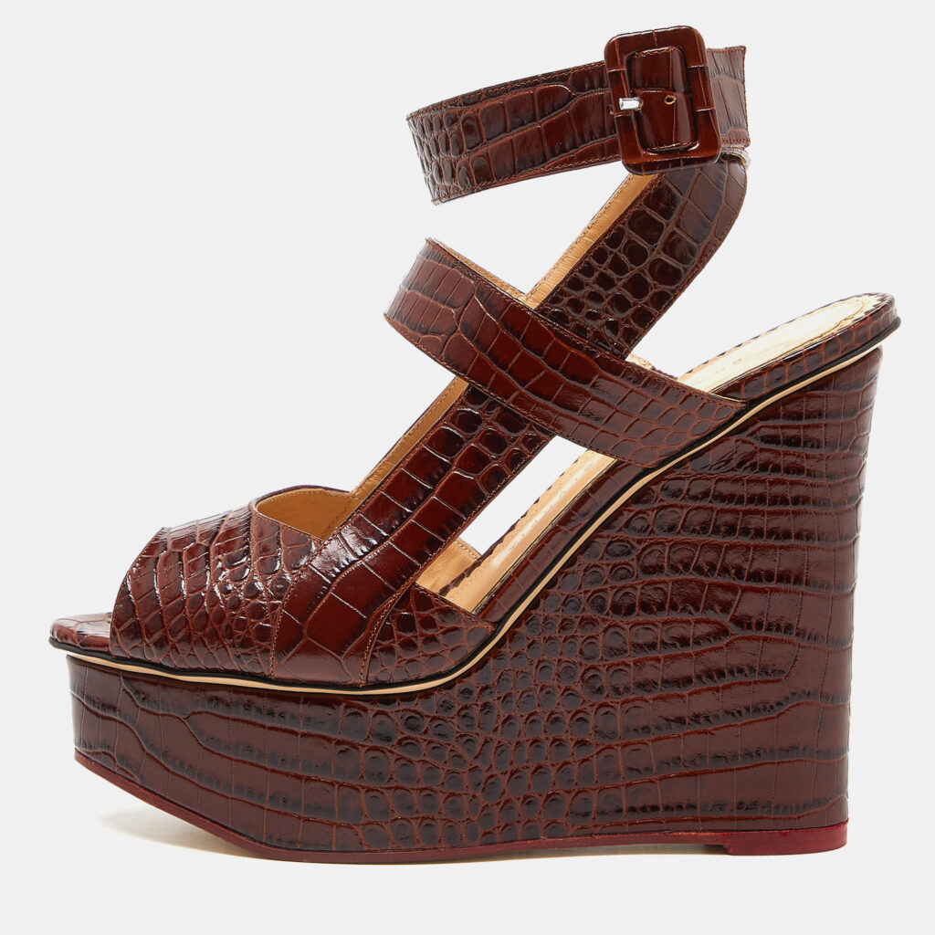 luxury-women-charlotte-olympia-used-shoes-p964871-001 Charlotte Olympia Brown Croc Embossed Leather Ankle Strap Wedge Sandals Size 39