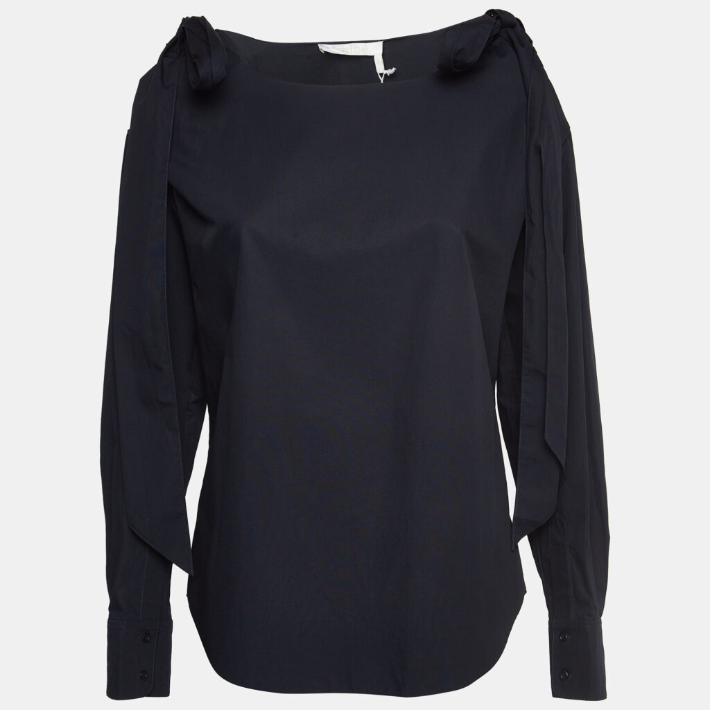 luxury-women-chloe-new-clothes-p954039-001 Chloe Navy Blue Poplin Tie-Up Cold Shoulder Blouse M