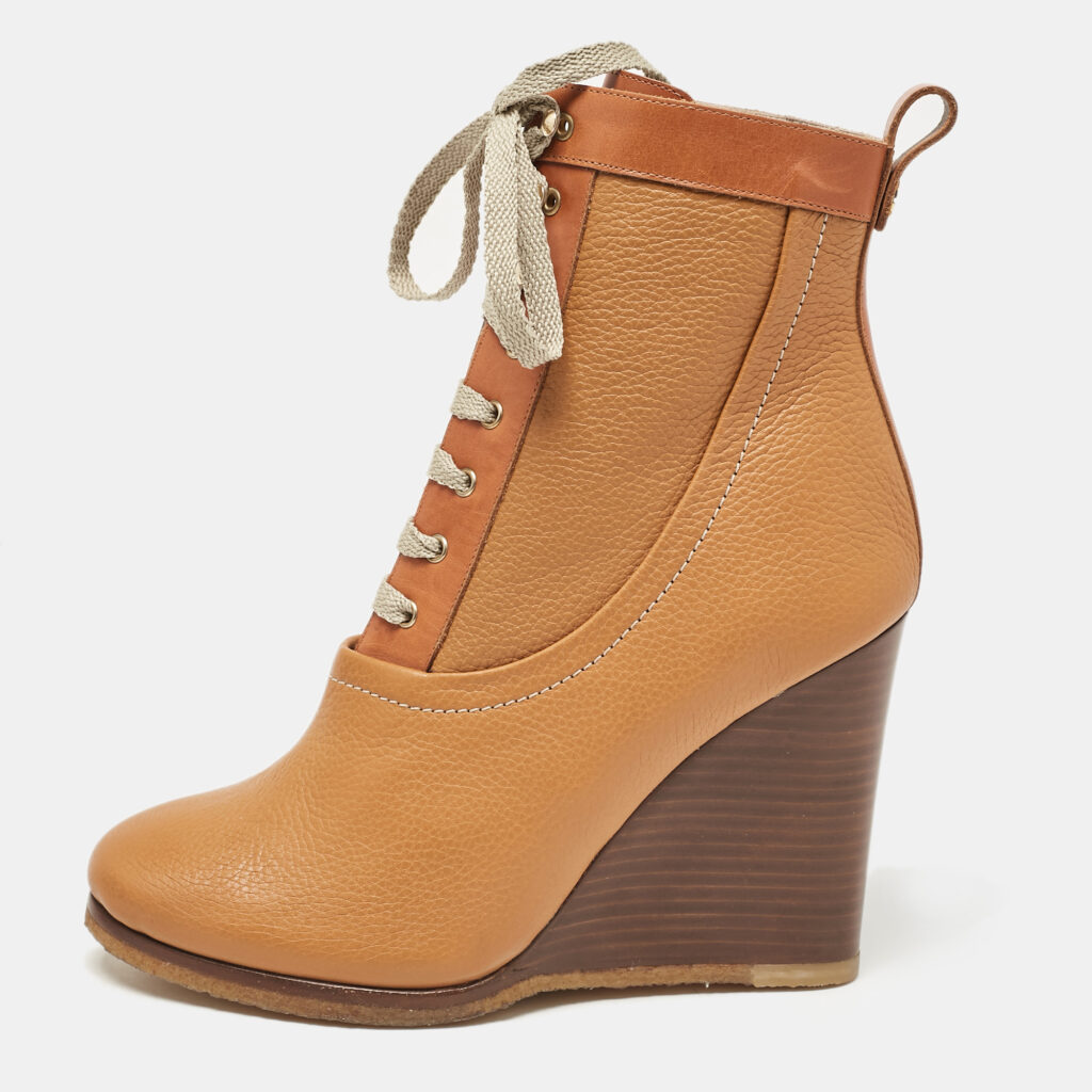 luxury-women-chloe-new-shoes-p1079612-015 Chloe Brown Leather Lace Up Wedge Ankle Boots Size 37.5