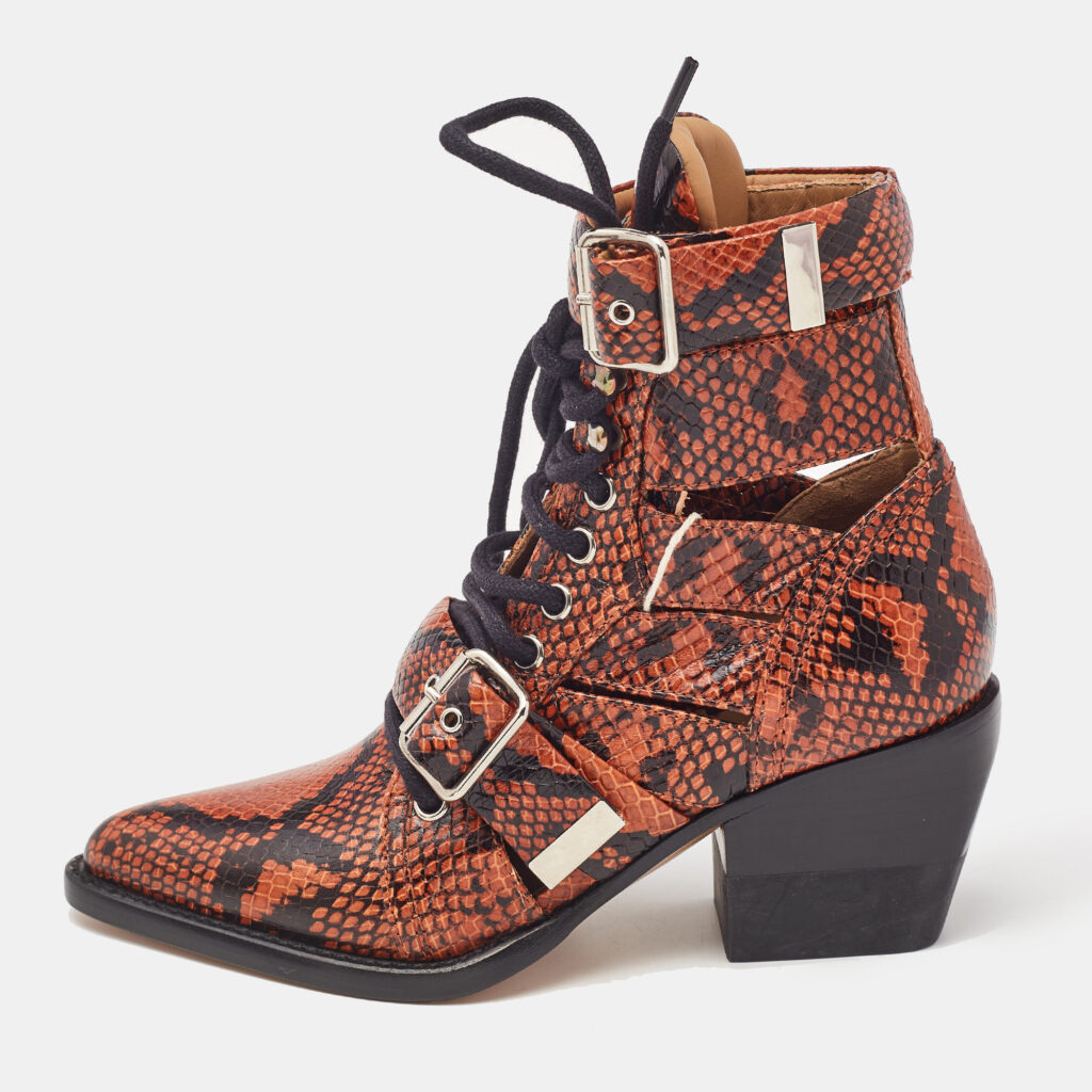 luxury-women-chloe-new-shoes-p1092271-004 Chloe Brown Python Embossed Leather Rylee Ankle Boots Size 34.5