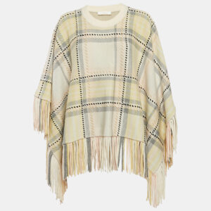 Chloe Yellow Plaid Cashmere Fringed Poncho Sweater XS/S