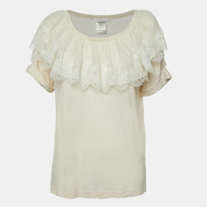 Chloe Ecru Cream Knit Lace Trimmed Top XS