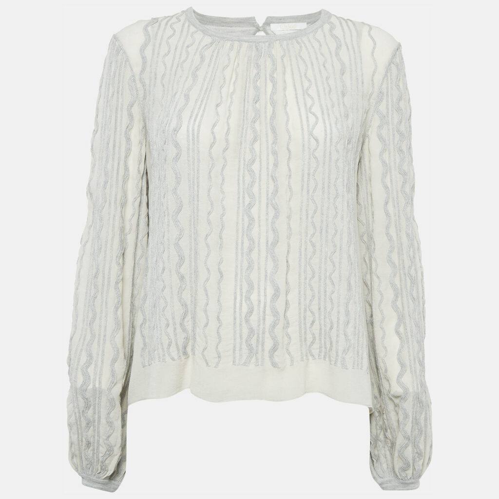 Chloe Grey Wavy Embroidered Silk and Jersey Top XS